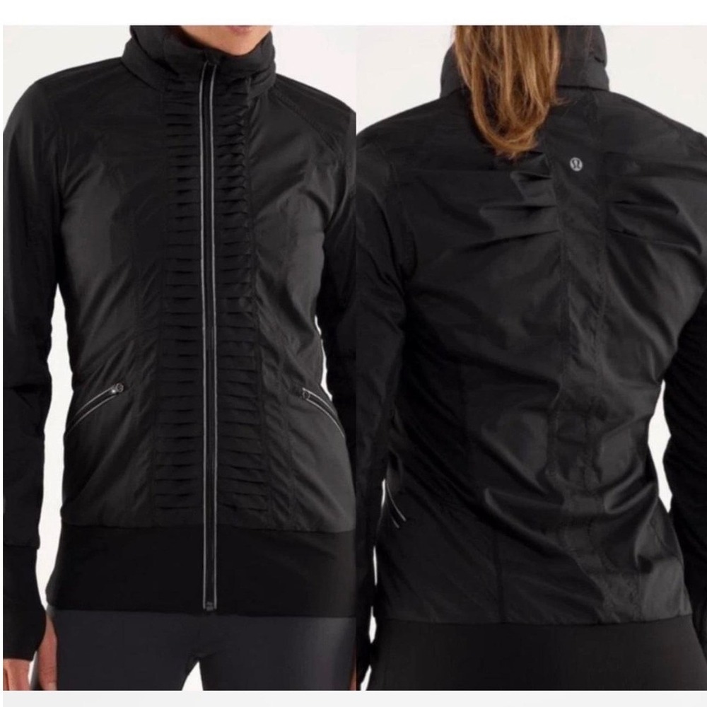 Lululemon Jacket Women 4 Black Ruffle Trim Mesh Vent Full Zip Thumbhole Athletic